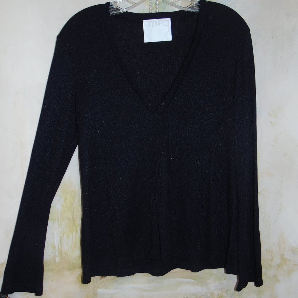 Meg Shop Women's Navy Deep Blue Metallic Hint Ribbed V Neck Long Sleeve Blouse M